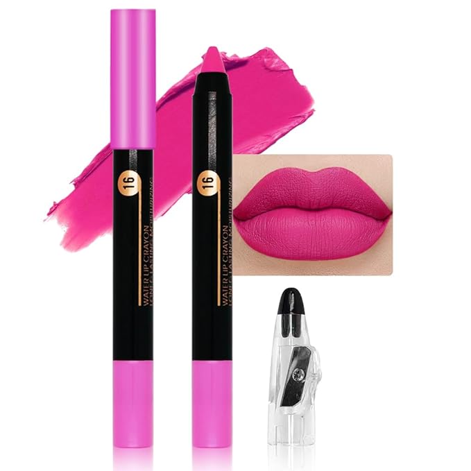 Dazzling Pink Crayon Matte Lipstick Lip Liner Pencil, Moisture Smooth Lipstick Penil, With Pencil Sharpener Sharpenable Lip Pen Ultimate Lip Crayon for Women Easy to Apply Waterproof 16#