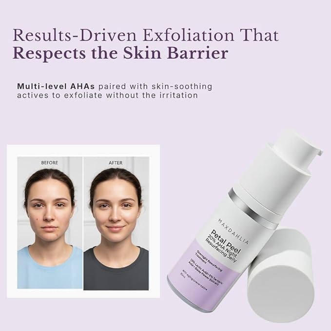 MAXDAHLIA Petal Peel - 20% AHA Serum | Mandelic & Lactic Acid | Resurfacing & Renewing Overnight Treatment for Dark Spots, Uneven Skin Tone & Acne Scar Remover