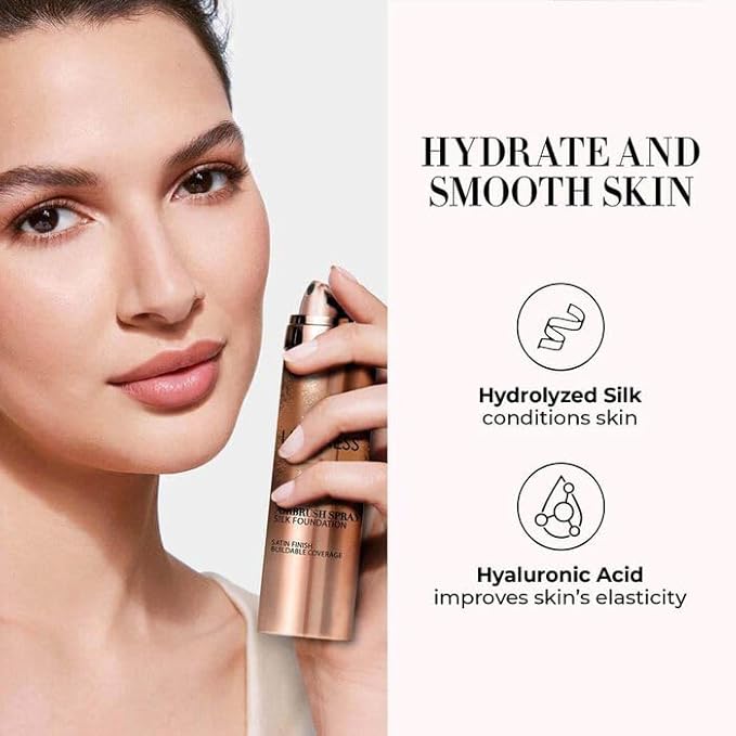 LUMINESS Silk Airbrush Spray Foundation & Buffing Brush Kit – Full Coverage Foundation & Dual-Sided Buffing Brush - Buildable Coverage, Anti-Aging Formula Hydrates & Moisturizes (Shade - Deep)