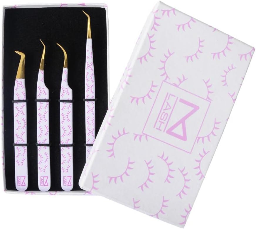M LASH Tweezers for Eyelash Extensions (Set of 4) - Professional Lash Extension Tweezers - Fiber Tip, Japanese Steel, Diamond Grip Eyelash Extension Tweezer (WP-SET)