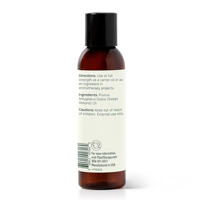 Plant Therapy Sweet Almond Oil 4 oz – 100% Pure, Cold Pressed Almond Oil, Massage & Aromatherapy Carrier Oil, Unscented Body Oil, Made in USA
