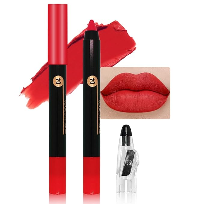 Deep Red Crayon Matte Lipstick Lip Liner Pencil, Moisture Smooth Lipstick Penil, With Pencil Sharpener Sharpenable Lip Pen Ultimate Lip Crayon for Women Easy to Apply Waterproof 04#
