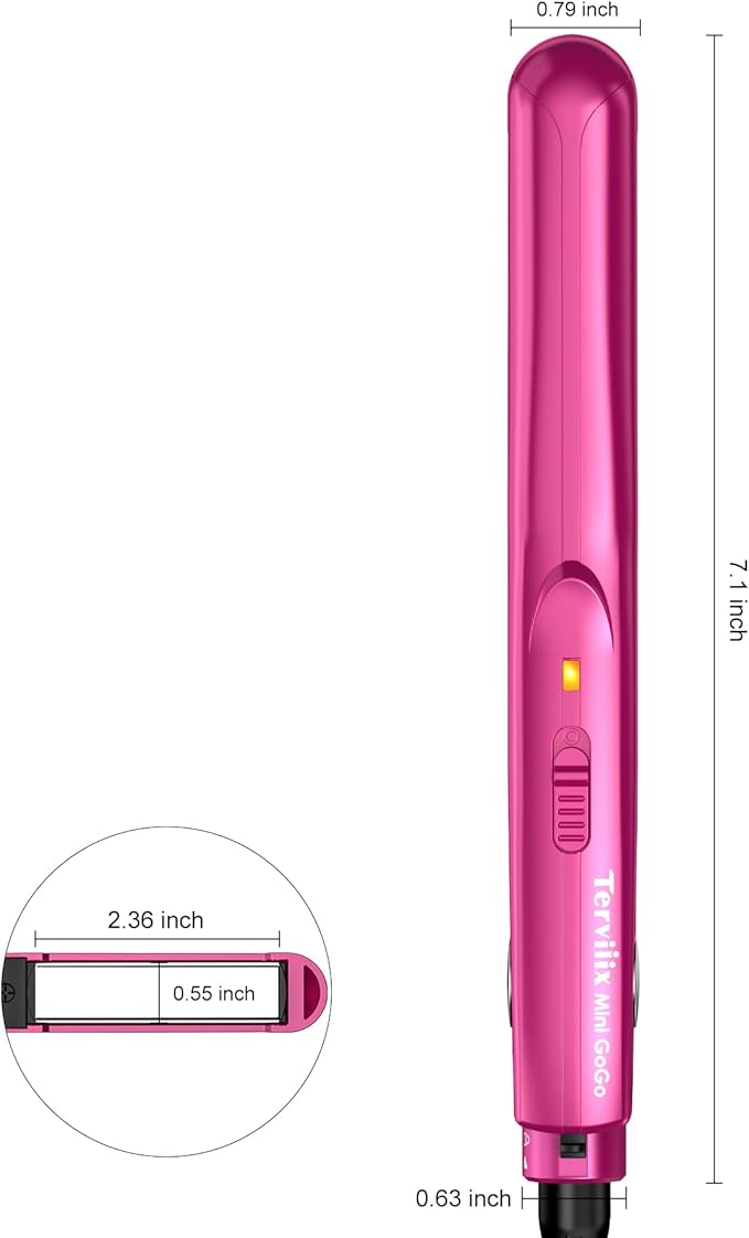 Terviiix Mini Flat Iron for Travel, 1/2'' Small Hair Straightener for Short Hair/Bangs, 0.5'' Portable Ceramic Straightening Irons, Dual Voltage, Pouch Included, Compact Size, Pink