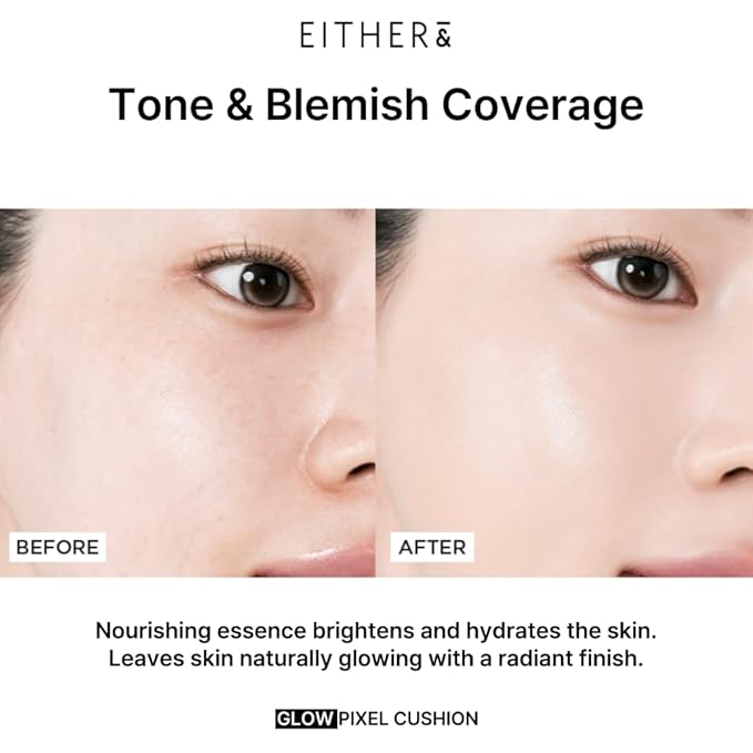 EITHER& Glow Pixel Cushion Foundation | Skincare-Infused Glow Finish, Lightweight, Pore Blurring, Long-Lasting Coverage, Korean Beauty (17P Porcelain)