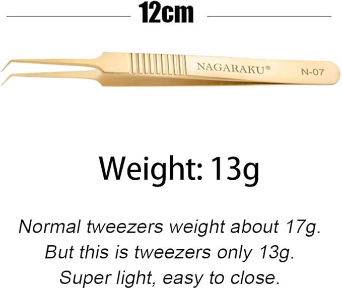 NAGARAKU Tweezers for Eyelash Extensions Gold Curved Angled Volume Cluster Super Light Weight Easy Fanning Tweezers Stainless Steel Precision (N-07)
