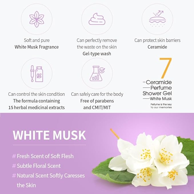 MASIL 7 Ceramide Perfume Shower Gel for Sensitive Skin, Moisturizing Body Wash for Women, Aroma Liquid Soap with 15 Natural Extracts, Korean Skincare Bath & Home Spa (1, White Musk)
