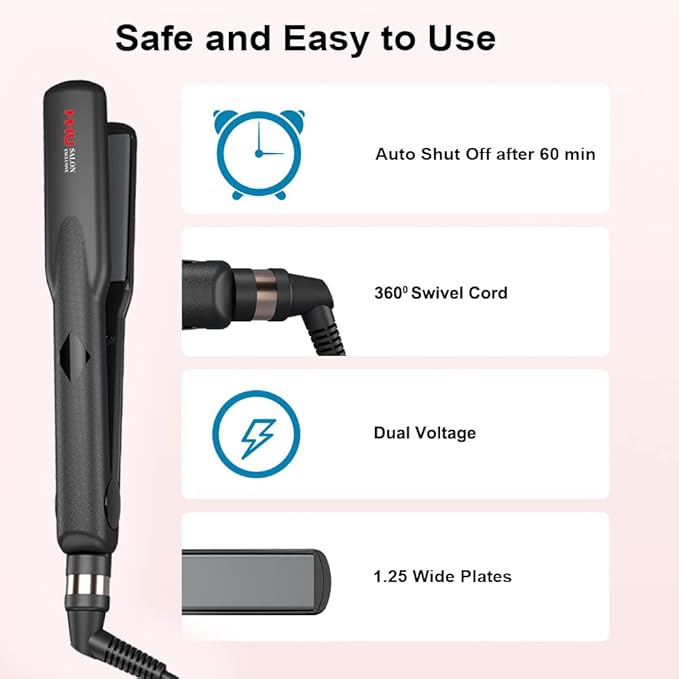 Professional Hair Straightener 2 in 1 Dual Voltage Curling Iron with Floating Plates, 1.25 Inch Wide Ceramic Ionic Flat Iron for Straightening and Curling,Digital Disply,Auto Shut Off, Black