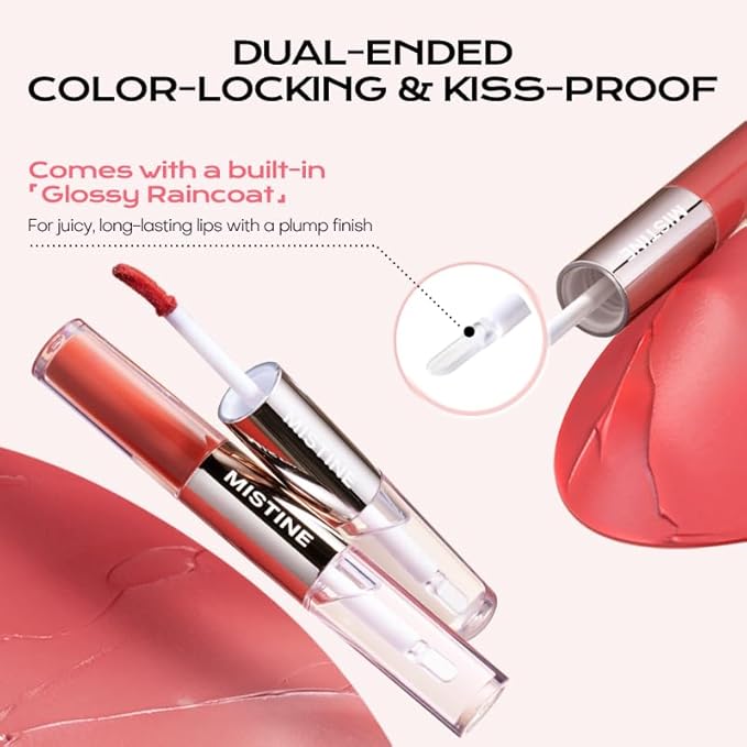 Mistine Lip Gloss Double Headed Lip Glaze Color Holding Lip Jelly Hydrating Gloss Moisturizing Balms Sheer Tint, Shine Glowy Matte Finish 0.05fl oz+0.05 fl oz D05 CARAMEL WHISKEY