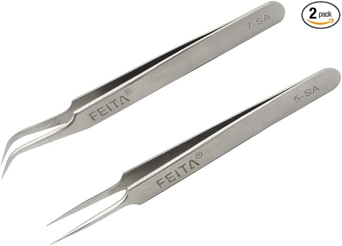 FEITA Precision Eyelash Extension Tweezers Set - Professional Straight & Curved Pointed Very Fine Tip Tweezers for Lash Extensions - Silver - 2Pcs