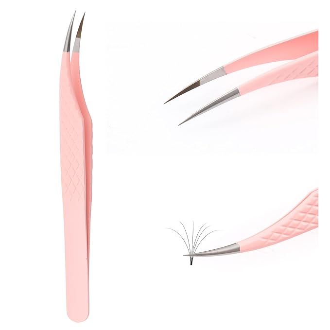 Pink Dolphin-shaped Eyelash Tweezers for Extensions - Curved, Fine, Angled