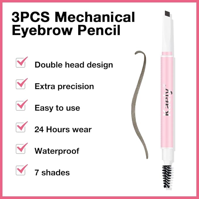 3Pcs Waterproof Eyebrow Pencil, Professional Makeup Micro Brow Pencil, Double-ended ultra-fine eyebrow pencil, Ultra-Fine Mechanical Pencil (3, 03#Black Brown)