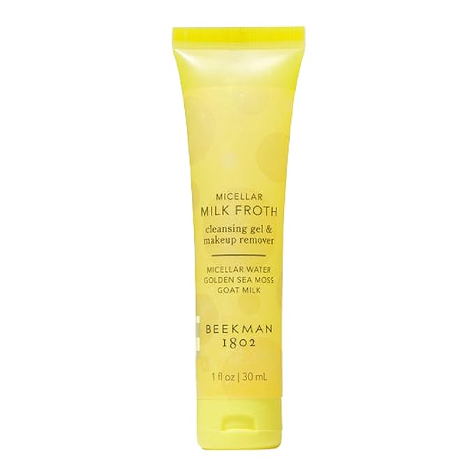 Beekman 1802 Micellar Milk Froth Cleansing Gel - Gently Cleanses & Removes Makeup - Double-Cleanse in 1 - Goat Milk & Golden Sea Moss - Fragrance Free - 1.0 fl. oz - Cruelty Free - Sensitive Skin Safe