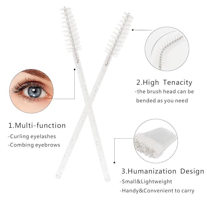 300 PCS Crystal Eyelash Mascara Wands Disposable Lash Brushes for Extensions Spoolie Brush Applicators Makeup Tool Kits (White)
