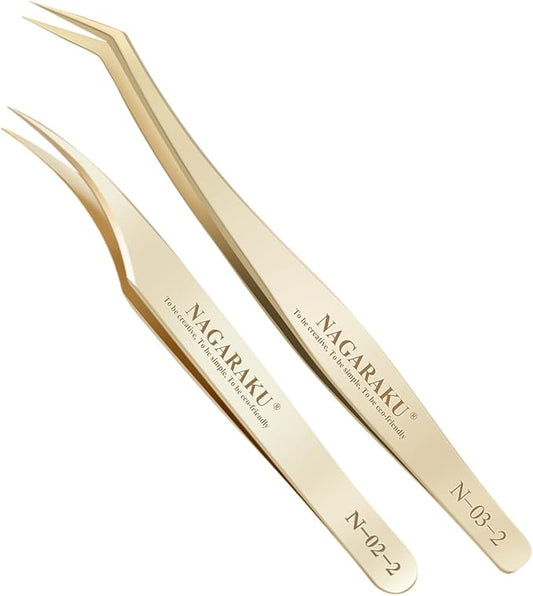 NAGARAKU Eyelash Extension Tweezers Gold Straight Curved Angled Long tip Volume Cluster Light Weight Easy Fanning Tweezer Stainless Steel Precision 1 Pair Lash Applicator Tool (N-02-2 & N-03-2)