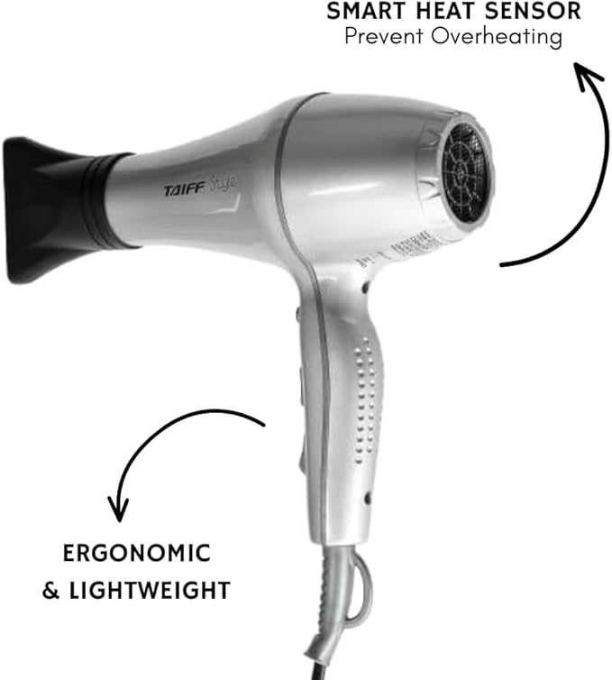 Taiff Style IonSense Professional Hair Dryer | 1875W Ionic Ceramic Blow Dryer with Diffuser | Lightweight Travel Friendly | Dual Voltage - Fast Drying | Silver