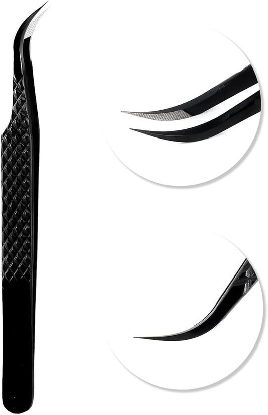 VAVALASH Lash Tweezers for Eyelash Extensions, Fiber Tip Diamond Grip Curved Tweezers for Lash Extension,Professional Precision Black Lash Tweezers for Volume & Classic Lashes (Curved Tweezers)