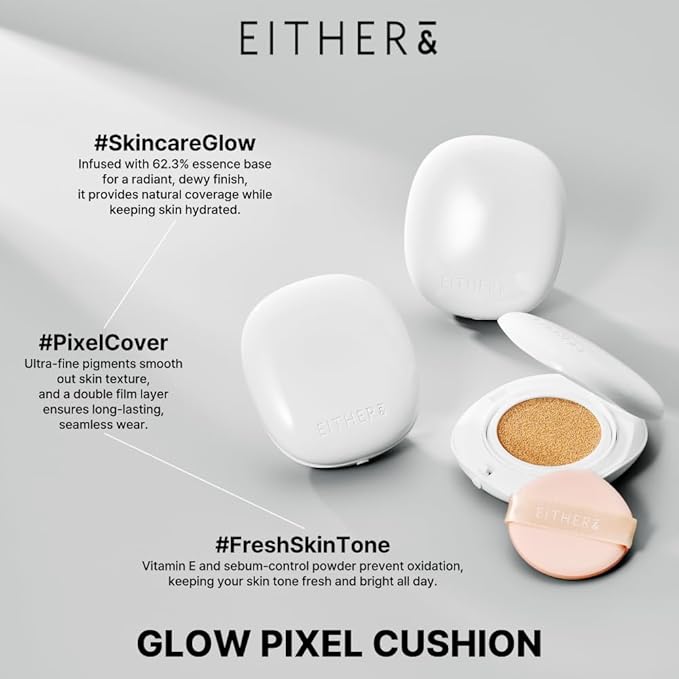 EITHER& Glow Pixel Cushion Foundation | Skincare-Infused Glow Finish, Lightweight, Pore Blurring, Long-Lasting Coverage, Korean Beauty (21N Natural)