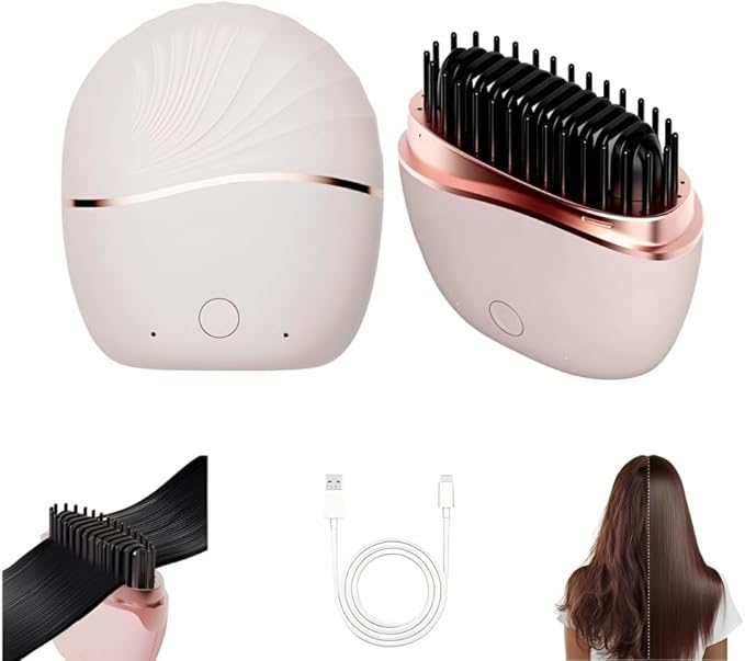 Mini Hair Straightener Brush, Portable Brush for Women Hair Care, Rechargeable Hair Straightener Comb with 2 Temperature Settings & Built-in Mirror, Straight Hair Comb for Home Travel (Pink)