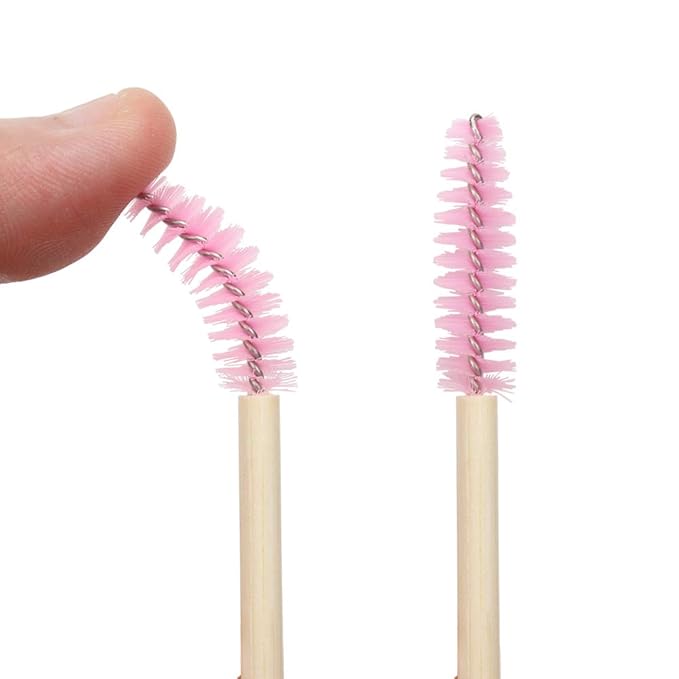 Mekupeu 100 Pcs Disposable Mascara Wands Bamboo Spoolies Brush for Eyelash Extensions Spoolie Eyelash Lash Wand Applicator Makeup Kits, Pink