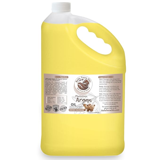 Bella Terra Oils Argan Oil – 1gallon, Ideal for Hair, Skin, Nails – 1gallon, Nutrient-Rich, Non-Greasy, Quick Absorbing