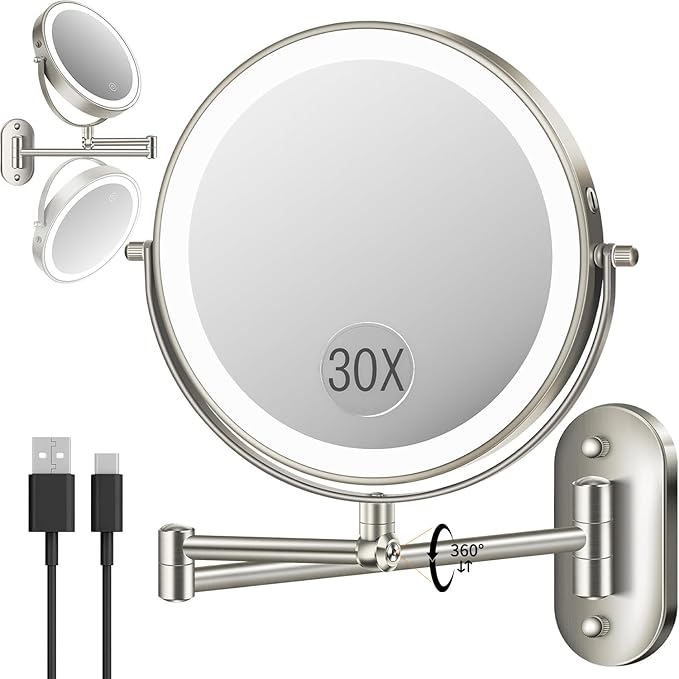 30X/1X Wall Mounted Lighted Makeup Mirror, 9'' Height Adjustable Double Sided 5000mAh Rechargeable Magnifying Bathroom Mirror with Light, 3 Color Modes Touch Dimmable Extended Arm 360 Rotation