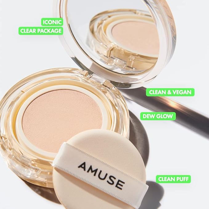 AMUSE SEOUL Dew Jelly Vegan Cushion Foundation (01 SOONSOO) | dewy, glow, long-lasting, double coverage, clean beauty, lightweight, natural look, foundation for sensitive skin, hydrating cushion
