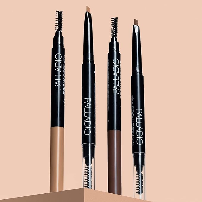 Palladio Brow Definer Retractable Pencil, Triangular Tip Fills Brows for a Natural Look, Tame and Shape Eyebrows with Spoolie Brush, Eyebrow Shaper, Buildable Light to Dark Colors, (Medium Brown)