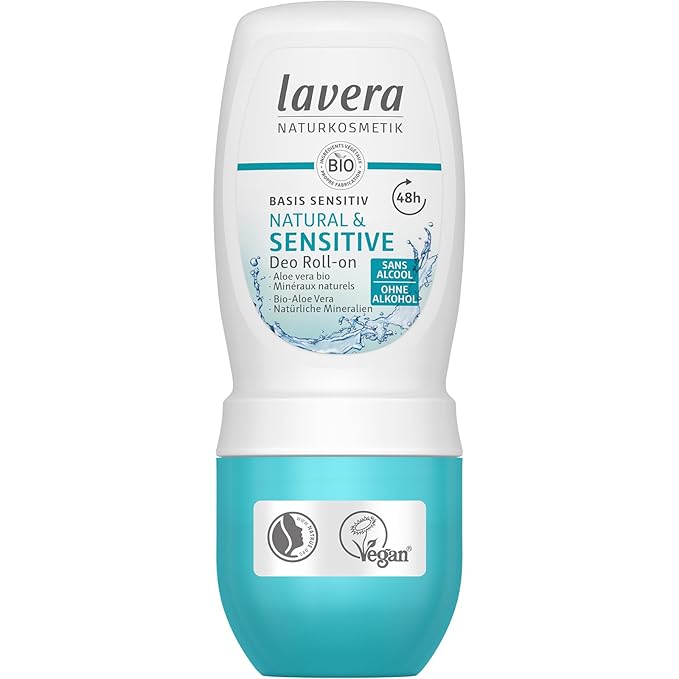 lavera Deo Roll-On Basis sensitiv Natural & Sensitive NATURAL & SENSITIVE 48h - vegan - natural cosmetics - organic aloe vera & natural minerals - without aluminum - 48h protection - 1.7 Fl Oz