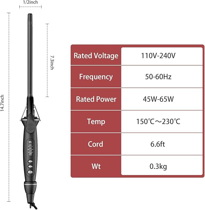 1/2 Inch Extra Long Barrel Curling Iron for Short & Long Hair, 0.5 Inch Ceramic Small Curling Iron with Auto Shut-Off, Dual Voltage Curler Suitable for Travel, Including Glove