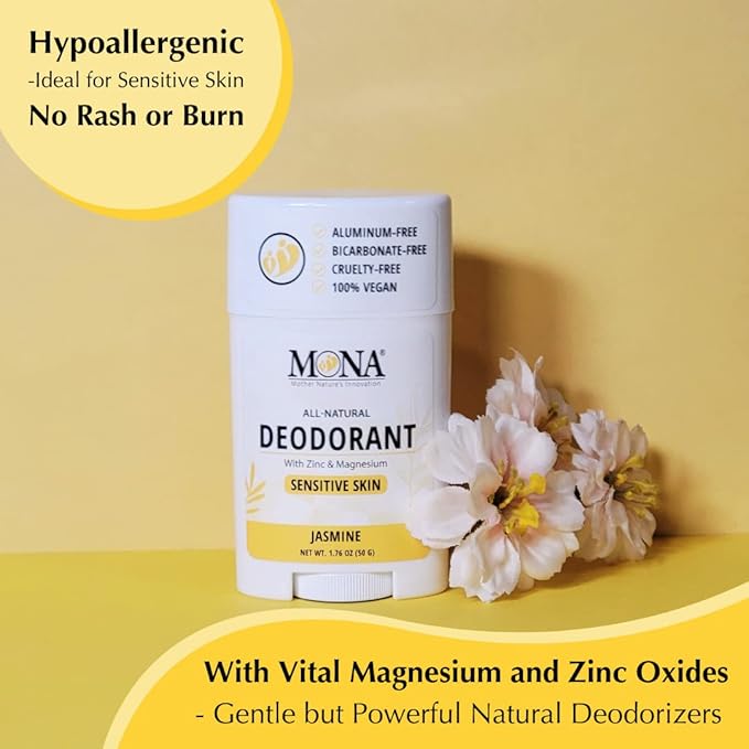 MONA BRANDS All Natural Deodorant For Women & Men | For Sensitive Skin | No Aluminum or Baking Soda | (2-Pack JASMINE 1.76 Oz each)