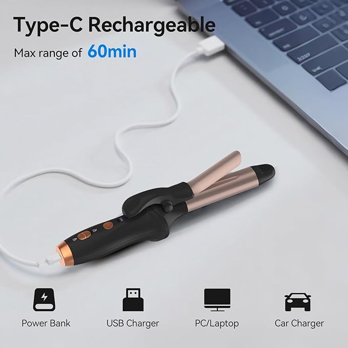 Cordless Curling Iron Hair Curler: Mini USB Rechargeable 4000 mAh 3 Temp Setting Travel Portable 200 Million Negative Ion 2 in 1 for Long Short Hair