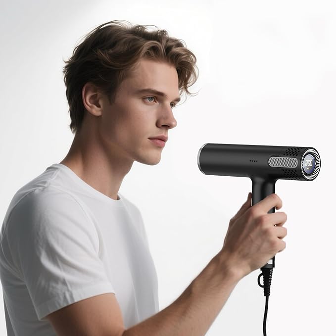Lanvier Hair Dryer with Diffuser, Professional Ionic Blow Dryer with High Speed Brushless Motor, Compact Design for Fast Drying, Intelligent 4 Heat, 3 Airflow Control w/LCD Display for All Hair Types