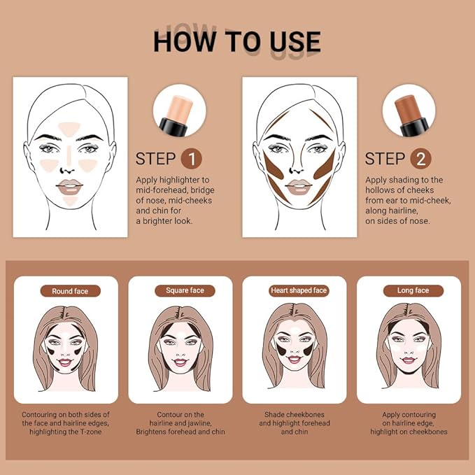 evpct 4 Colors Contour Stick Makeup Set Concealer Stick Cream Contouring Contour Palette Makeup Kit for Beginners Nose Bronzer Stick Liquid Contour Face Highlighter Makeup contorno maquillaje 02+03