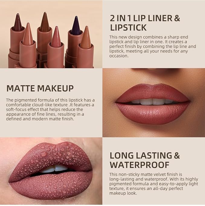 3PCS 2-in-1 Lip Liner and Lipstick Set - Matte Nude, Dark Brown, and Red Gradient Lip Liner Combo | Long Lasting, High Pigment, Waterproof Lip Pencil Set for Women