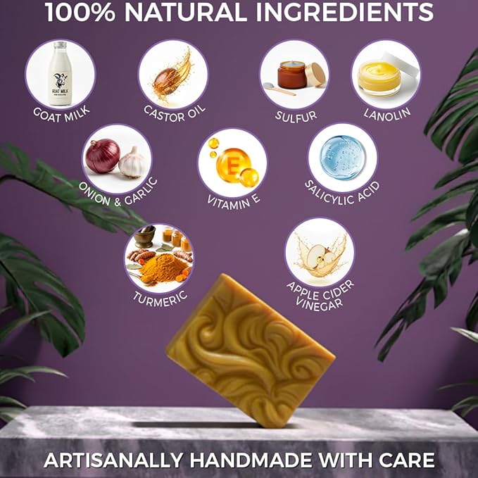 100% Natural Goat Milk Turmeric Soap Bar for Women & Men | Handmade Tea Tree & Sulfur Soap with Salicylic Acid & Castor Oil | 2 oz | Organic Bar for Skin Recovery | Duration Up to 2 Months