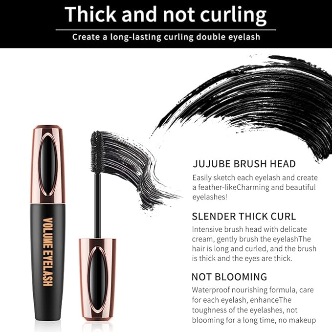 4D Silk Fiber Lash Mascara, Black Mascara Lengthens And Volumizes, Long-Lasting Waterproof Smudge-Proof, Non-Flaking Natural No Clumping Thickens, Hypoallergenic Formula (3 Packs)