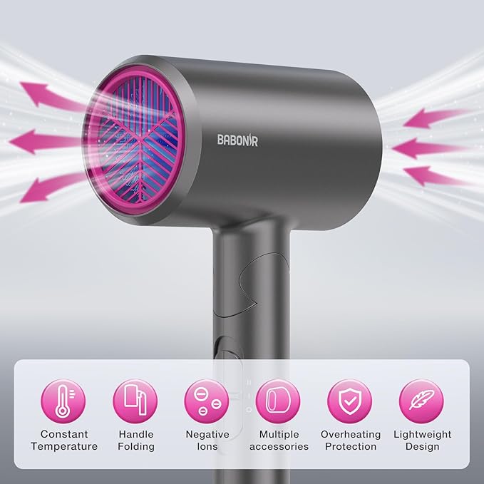Ionic Diffuser Hair Dryer for Curly Hair, 1875W Fast Drying Blow Dryer with Diffuser and Concentrator Nozzle, Compact & Portable Negative Ion Hairdryer Blowdryer, 3 Heat 2 Speed Settings, Gray