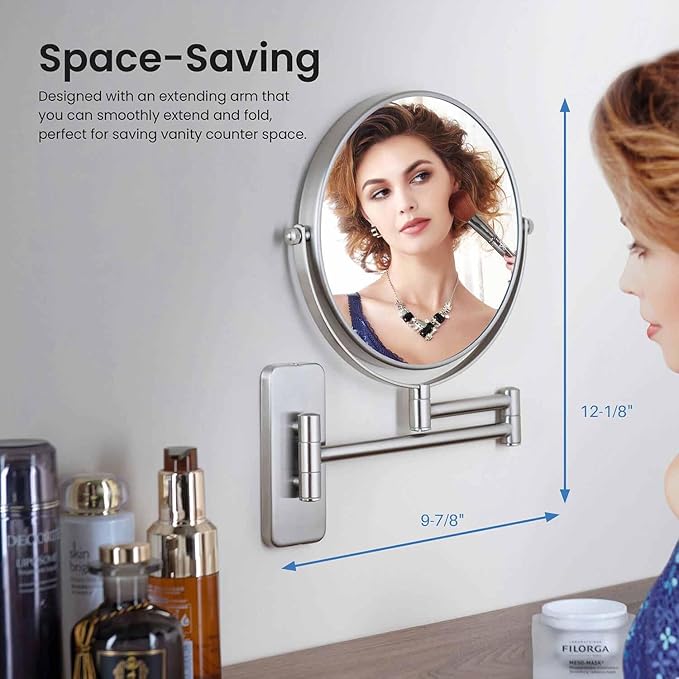 KIBI Circular Wall Mount Makeup Mirror, Dual-Sided 1x/5x Magnifying Mirror with Extendable Arm, 360° Swivel, Solid Brass Construction for Durability and Style (Brushed Nickel, KMM100)