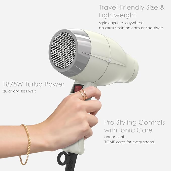 TOME Hair Dryer with Diffuser Blow Dryer Ionic 1875W Cool Shot Curly Hair Teeth Comb Nozzle attachments Light Weight Low Noise Fast Dry