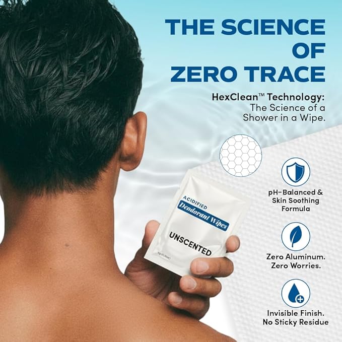 Zero Trace Travel Deodorant Wipes - 60 Count- 24 Hour Odor Control - Aluminum Free Hypoallergenic Deodorant For Women and Men - Individually Wrapped Underarm & Body Wipes - Uscented Bare Fresh