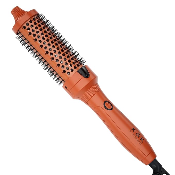 K&K Thermal Brush, 1.5 Inch Heated Round Comb, Professional Heated Curling Ceramic Tourmaline Ionic Curling Iron, Hot Styling Volumizing Brush, Dual Voltage, Orange