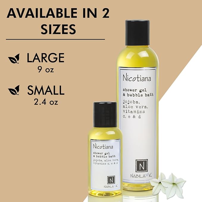 Nabila K Nicotiana Shower Gel & Bubble Bath, 2.4 oz – Non-Drying Body Wash with Jojoba, Aloe Vera & Vitamins – Naturally-Derived, Sulfate-Free – Made in USA – For Men & Women