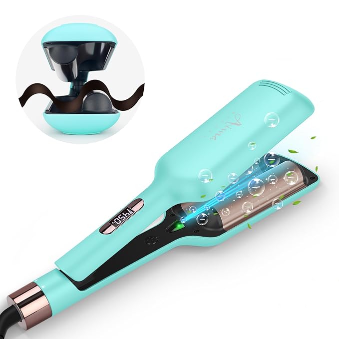 32mm (1.25") Aima Beauty Twins Mermaid Loose Waves Hair Waver, Anti-Scald 2 Barrel Curling Iron, Hair Crimper, Ionic Care Wave Iron Worldwide Dual Voltage 15S Heats Up Medium/Long Hair Light Green