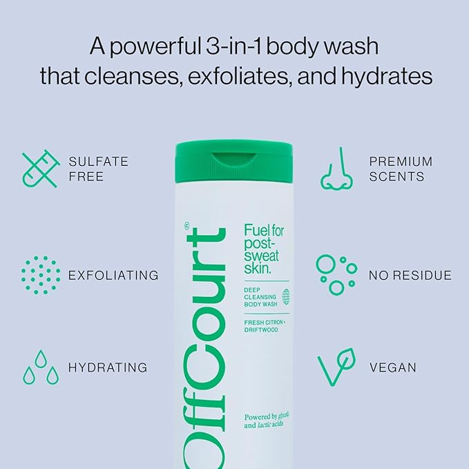 OffCourt Sulfate-Free Body Wash for Men & Women - Non-Drying Exfoliator with Glycolic & Lactic Acids Leaves Skin Fresh & Smooth with Fresh Citrus and Driftwood Scent, 3.4 Fl. Oz (Pack of 1)