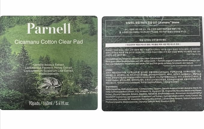 Parnell Cicamanu Cotton Clear Pad | Gentle Daily Exfoliating & Soothing Pads for Acne Prone Sensitive Skin | Cica LHA PHA Ceramide HA | Unbleached Biodegradable (90 Count)