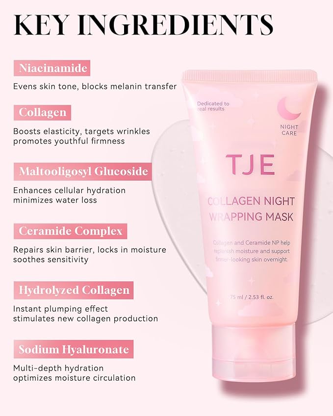 TJE Collagen Night Wrapping Mask, Collagen Peel Off Face Mask with Nicotinamide, Elasticity & Hydration Care, Reduces Sagging & Dullness - 2.53 fl oz