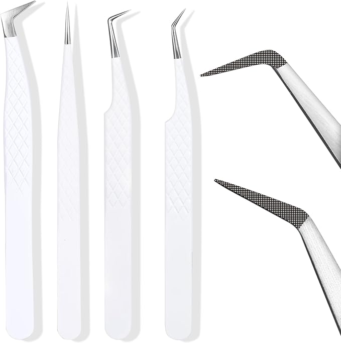 Fiber Tip Lash Tweezers For Eyelash Extension 4 Pcs Tweezers Professional Artist Tech Work Kit Tools,Best Volume Eyelash Extensions Precision 90 45 Degree(White Silver)