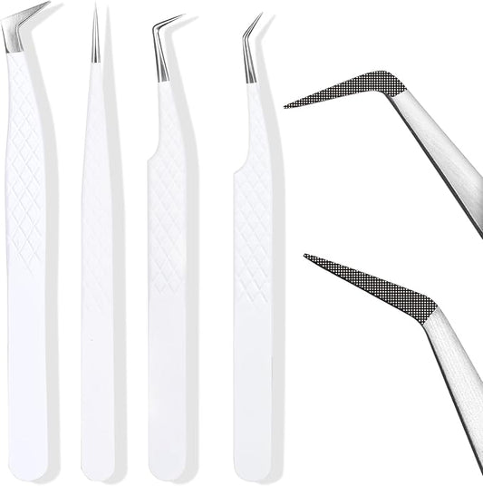 Fiber Tip Lash Tweezers For Eyelash Extension 4 Pcs Tweezers Professional Artist Tech Work Kit Tools,Best Volume Eyelash Extensions Precision 90 45 Degree(White Silver)