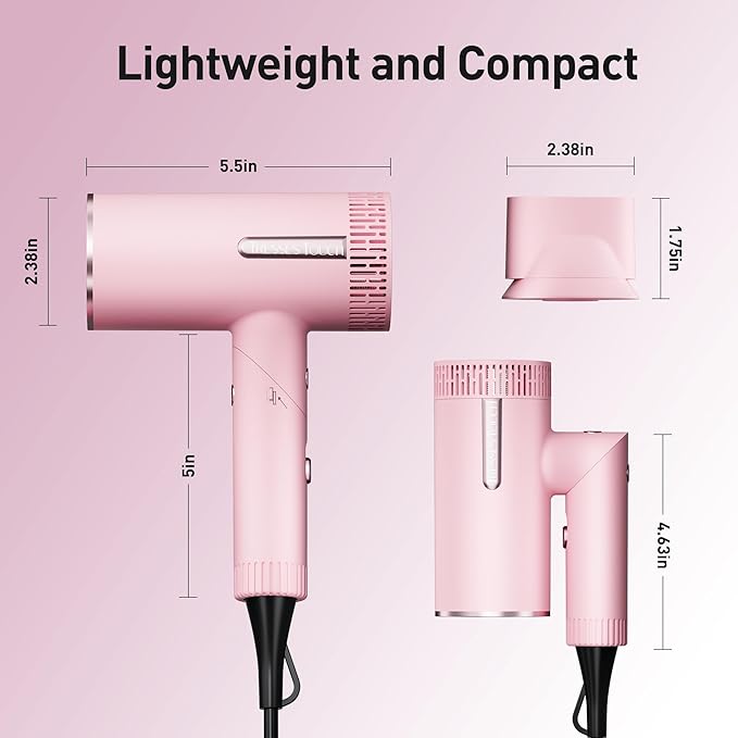 Hair Dryer, High-Speed Ionic Blow Dryer, Powerful 1600 Watt Motor for Fast Drying and Straight & Wavy Hair, Foldable, Lightweight Hairdryer with with Magnetic Suction Nozzle for Home Salon Travel