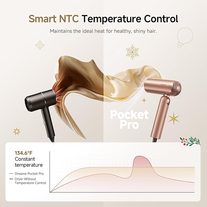 Dreame Pocket Pro Hair Dryer, Dual Voltage Travel Blow Dryer with Diffuser, 1300W Professional HighSpeed Ionic Hair Blower, Fast Drying, Low Noise, Lightweight, No Heat Damage, Global Travel 120V/240V